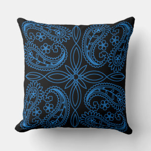 Black & Blue Floral Paisley Pattern Throw Pillow