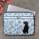 Black-Blue Flower Striped with Dog Silhouette  Laptop Sleeve<br><div class="desc">Black-Blue Flower Striped with Dog Silhouette Laptop case. Our favourite dog silhouette on a black drawn flower with faded stripes and blue background design. Easily edited with your dogs name. A great gift for anyone in your family of give this special gift to a friend.</div>