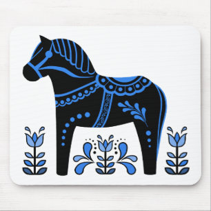 Black/blue Folk Dala horse/Folk Friesian Mouse Mat