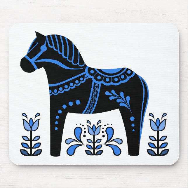Black/blue Folk Dala horse/Folk Friesian Mouse Mat (Front)