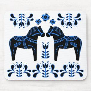 Black/blue Folk Dala horse/Folk Friesian Mouse Mat
