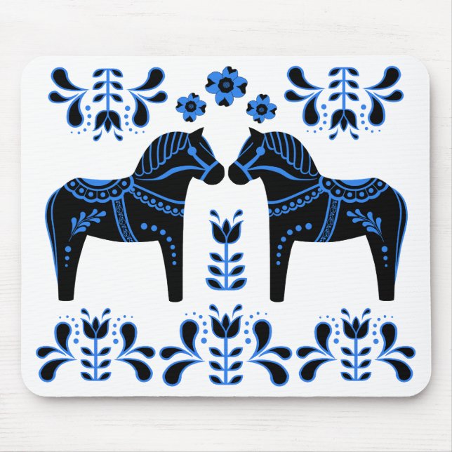 Black/blue Folk Dala horse/Folk Friesian Mouse Mat (Front)