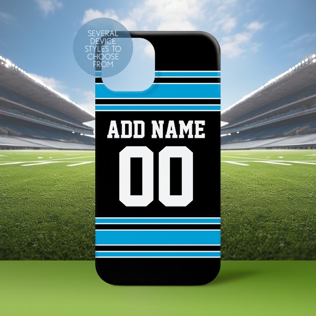 Black Blue Football Jersey Custom Name Number Case-Mate iPhone Case (Personalized Phone Case with a Football Jersey Stripe Design)