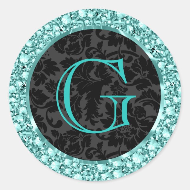Black & Blue-G Sparkling Diamonds Glitter-Monogram Classic Round Sticker (Front)