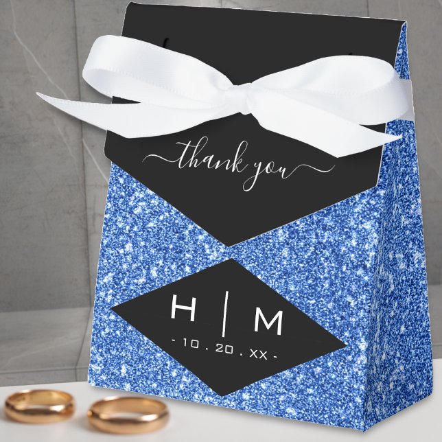 Black & Blue Glitter Cute Chic Thank You Wedding Favour Box (black & blue glitter monogram thank you favor box)