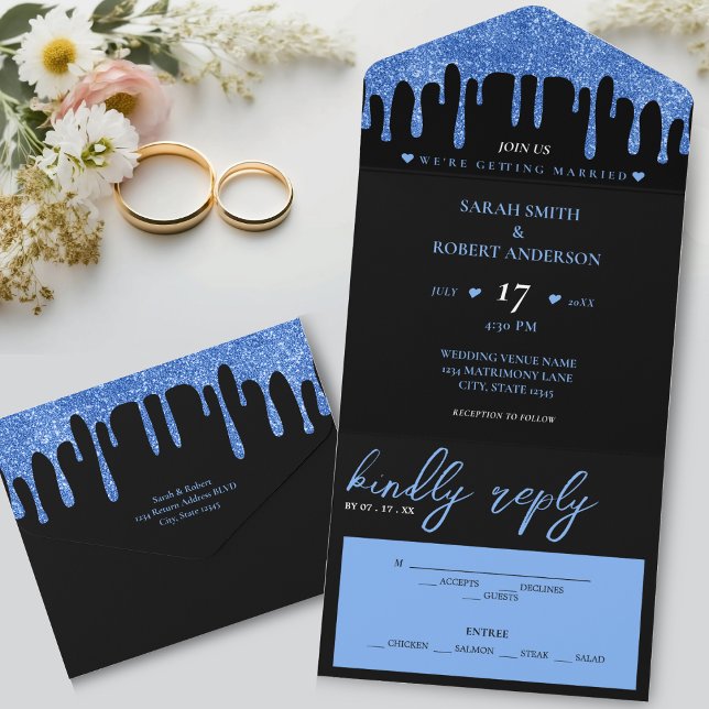 Black & Blue Glitter Drip Wedding All In One Invitation (Black & Blue Glitter Drip Wedding All In One Invitation)