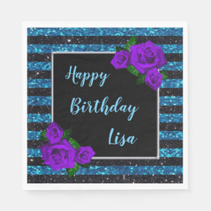 Black Blue Glitter Stripes Purple Roses Birthday Napkin