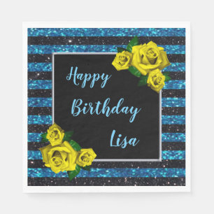 Black Blue Glitter Stripes Yellow Roses Birthday Napkin
