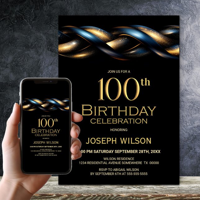 Black Blue Gold 100th Birthday Party Invitation (Creator Uploaded)