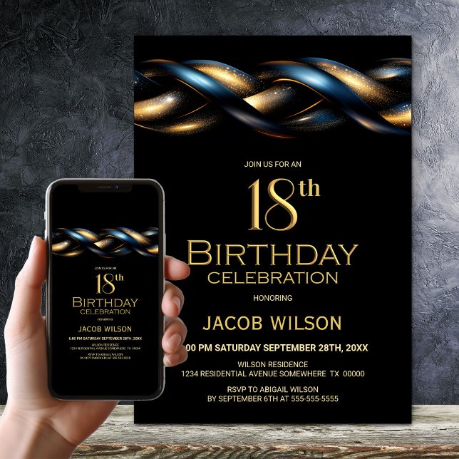 Black Blue Gold 18th Birthday Party Invitation (Creator Uploaded)