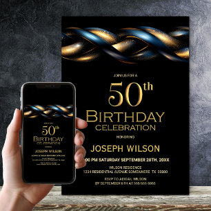 Black Blue Gold 50th Birthday Party Invitation