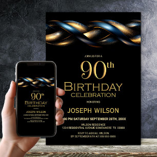 Black Blue Gold 90th Birthday Party Invitation