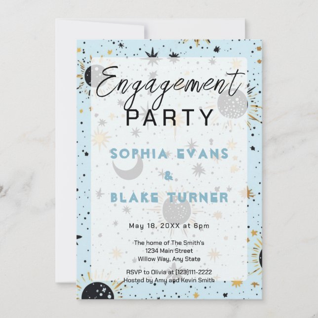 Black Blue Gold Celestial Wedding Engagement Party Invitation (Front)