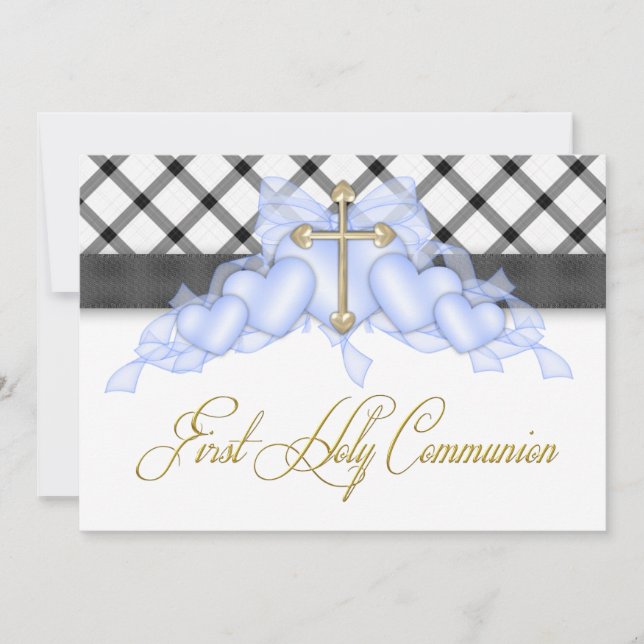 Black Blue Gold Cross Boys Blue First Communion Invitation (Front)