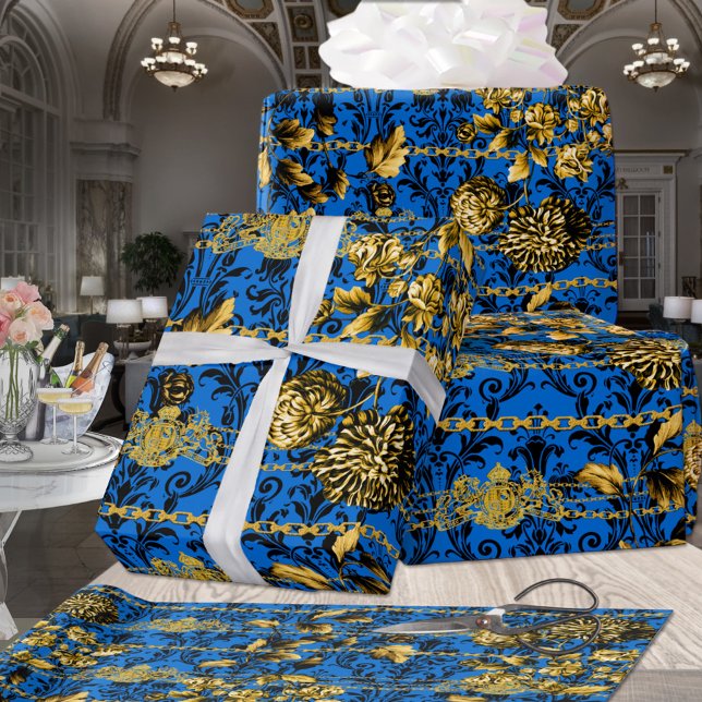 Black Blue Gold Floral Acanthus Leaf Chains Luxury Wrapping Paper (Creator Uploaded)