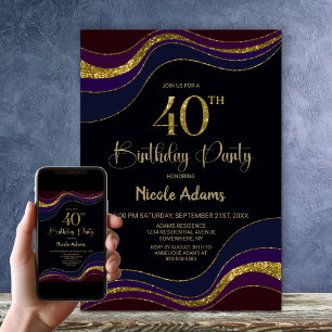 Black Blue Gold Glitter 40th Birthday Party Invitation