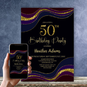 Black Blue Gold Glitter 50th Birthday Party Invitation