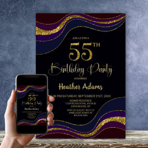 Black Blue Gold Glitter 55th Birthday Party Invitation
