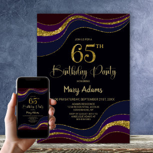 Black Blue Gold Glitter 65th Birthday Party Invitation