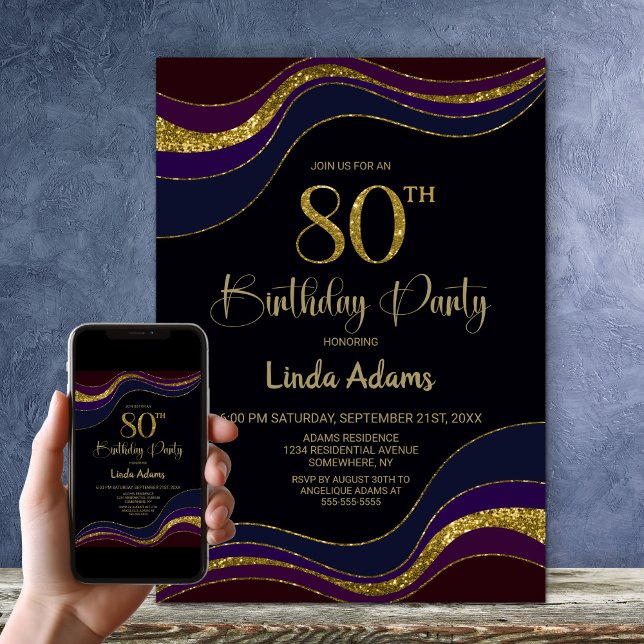 Black Blue Gold Glitter 80th Birthday Party Invitation (Creator Uploaded)