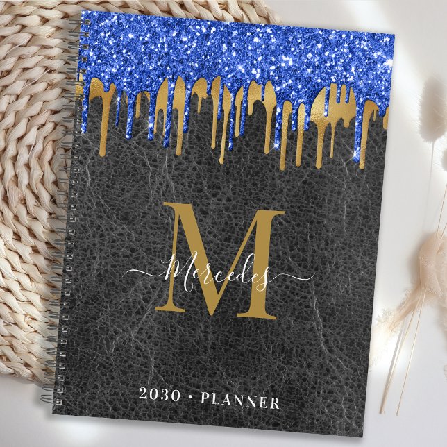 Black Blue Gold Glitter Drips Leather Monogram Planner (Creator Uploaded)