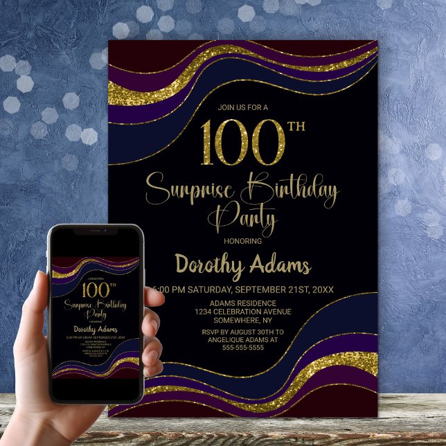 Black Blue Gold Glitter Surprise 100th Birthday Invitation (Creator Uploaded)