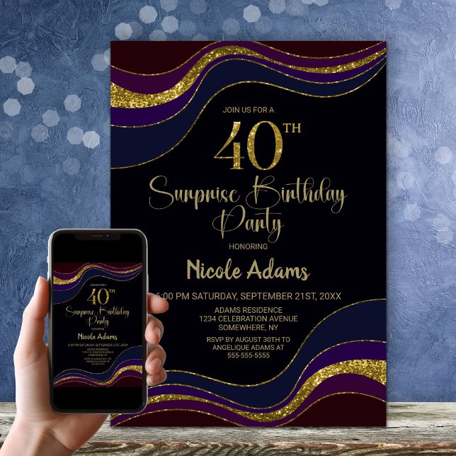 Black Blue Gold Glitter Surprise 40th Birthday Invitation (Creator Uploaded)
