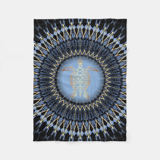 Black Blue Gold Mandala Turtle Coastal Fleece Blanket (Front)