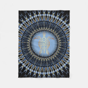 Black Blue Gold Mandala Turtle Fleece Blanket