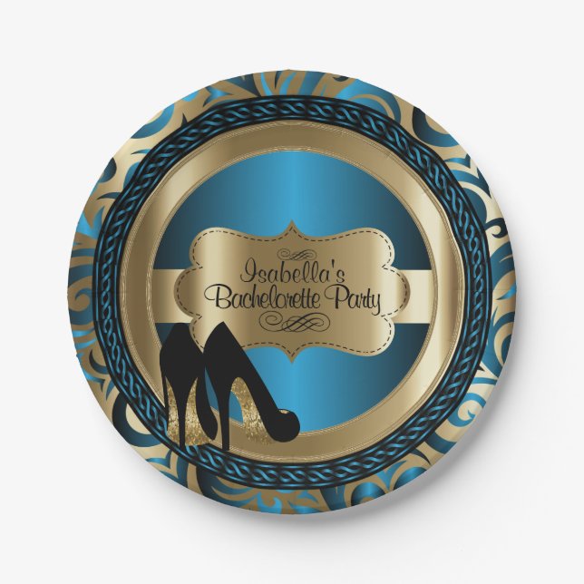 Black, Blue & Gold Metallic - Bachelorette Party Paper Plate (Front)