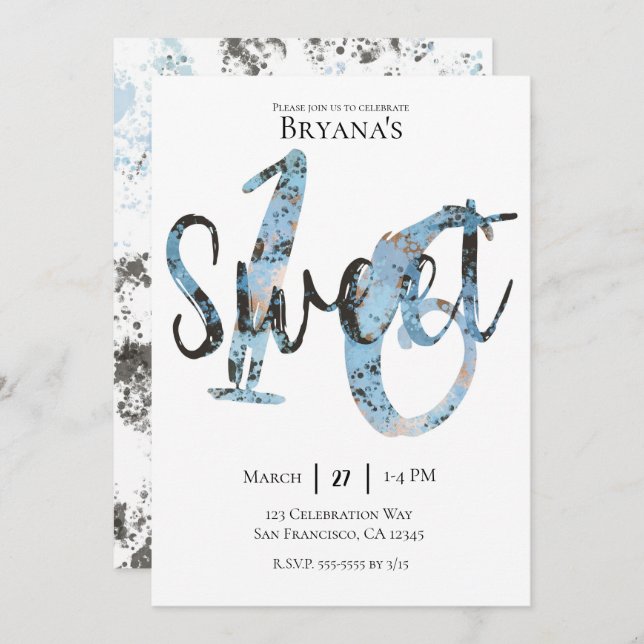 Black Blue Gold Modern Sweet 16 Birthday Party Invitation (Front/Back)