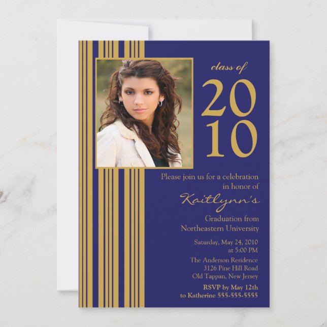 Black, Blue & Gold Photo Graduation Invitation (Front)