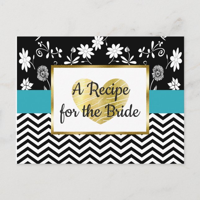 Black, Blue Gold Stripe Floral Wedding Recipe Card (Front)