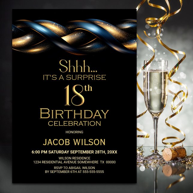 Black Blue Gold Surprise 18th Birthday Party Invitation (Creator Uploaded)