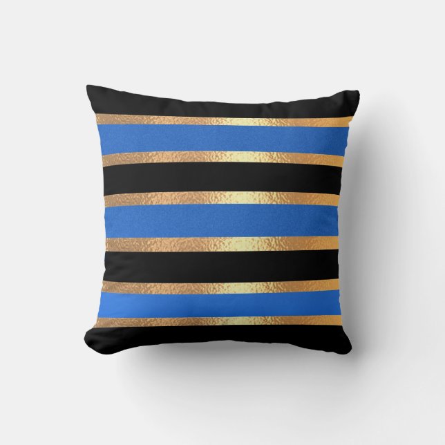 Black Blue Golden Stripes Modern Throw Pillow (Front)