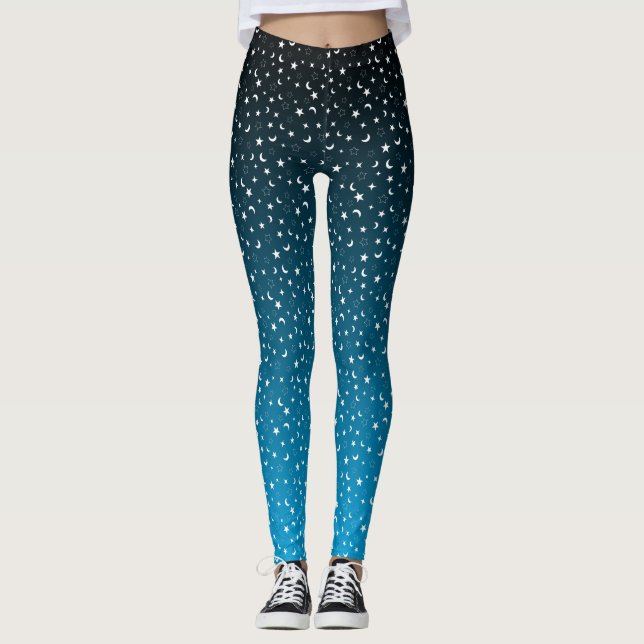 Black/Blue Gradient Stars and Moons Leggings (Front)