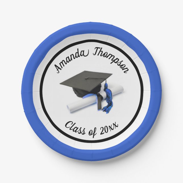 Black Blue Graduation Cap and Tassel | Custom Paper Plate (Front)