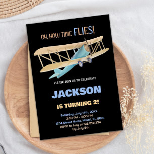 Black Blue Green Aeroplane Birthday Invitations