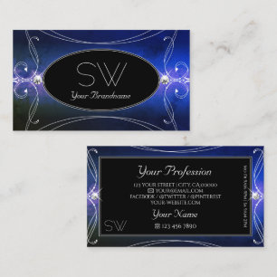 Black Blue Green Ornate Sparkle Diamonds Monogram Business Card