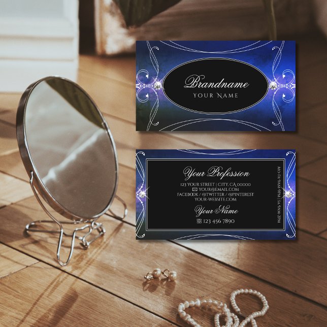 Black Blue Green Ornate Sparkle Diamonds Ornaments Business Card (Creator Uploaded)