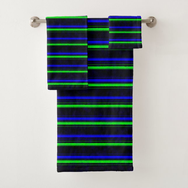 Black Blue Green Stripes Bath Towel Set (Insitu)