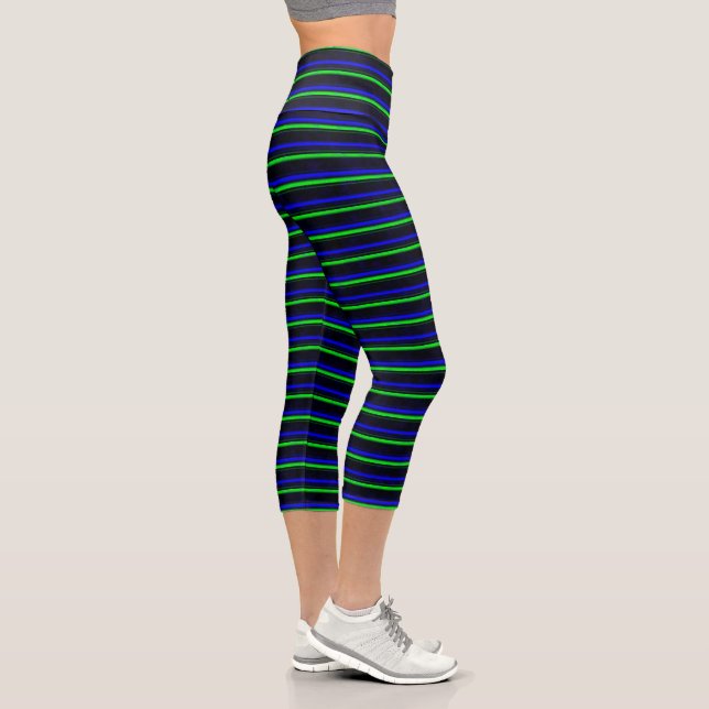 Black Blue Green Stripes Capri Leggings (Right)