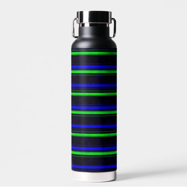 Black Blue Green Stripes Water Bottle (Front)