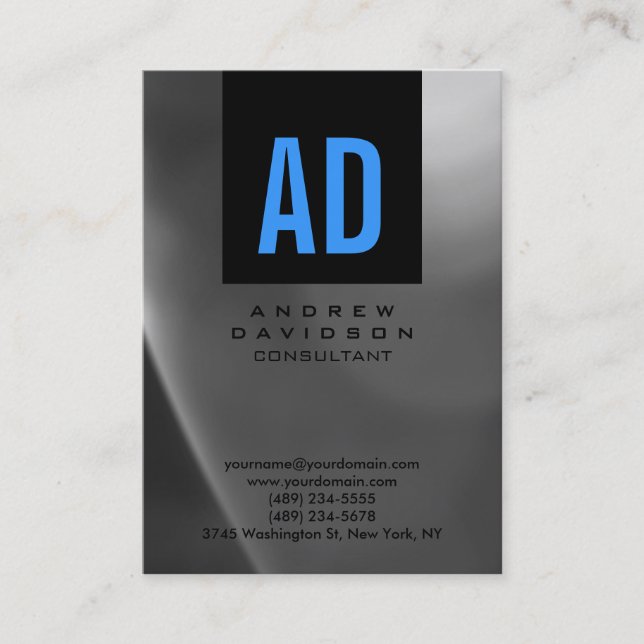 Black Blue Grey Pattern Monogram Business Card (Front)