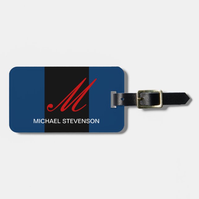 Black Blue Grey Script Custom Name Bag Tag (Front Horizontal)