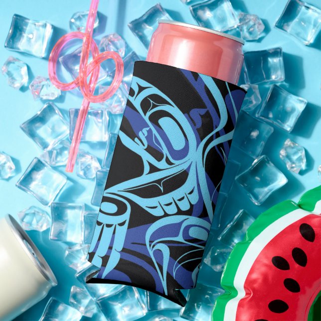 Black Blue Haida Eagle Thunder Bird Native Art Seltzer Can Cooler (In Situ Summer)