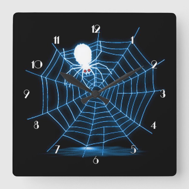 Black & Blue Halloween Spider Web Square Wall Clock (Front)