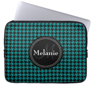 Black Blue Houndstooth Monogrammed Pattern Laptop Sleeve