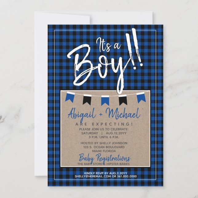 Black + Blue It's A Boy Buffalo Plaid Baby Shower Invitation (Front)