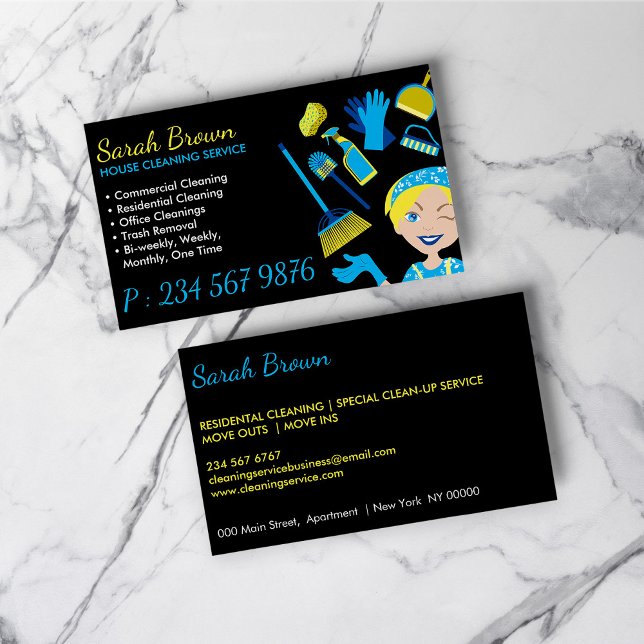 Black Blue Janitorial Gloved Apron Maid Business Card (Black Blue Janitorial Gloved Apron Maid Business Card)